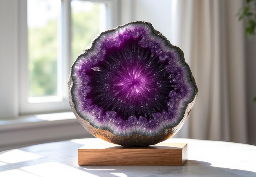 Ametista montata su base in legno di recupero